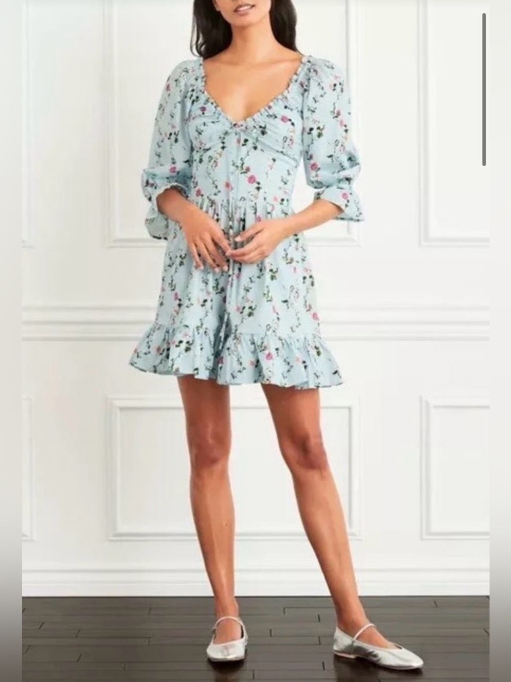 Hill House Home Samantha Nap Dress Sz Large Floral Baby Blue Puff Sleeve Pockets